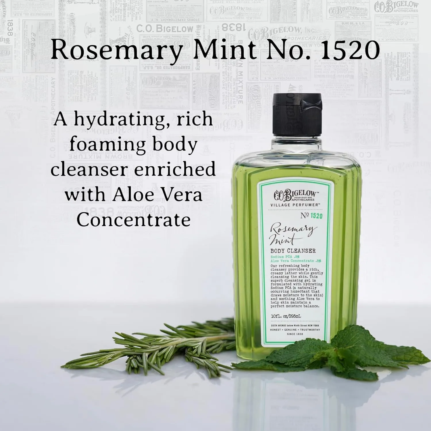 C.O. Bigelow Rosemary Mint Body Cleanser, Village Perfumer Moisturizing Body Wash for Men and Women with Aloe Vera, Sodium PCA, and Glycerin, 10 fl oz