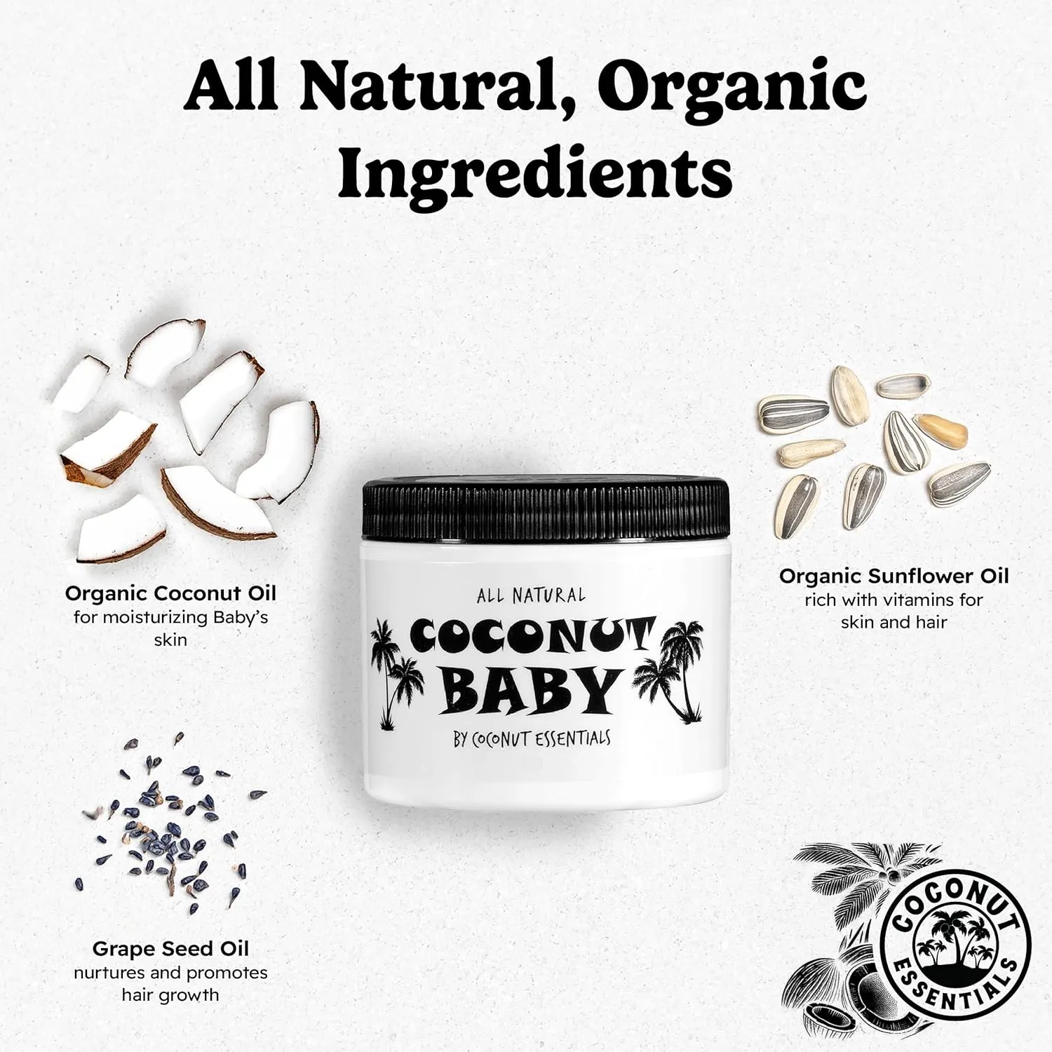 Coconut Essentials Coconut Baby Oil - Natural & Organic Moisturizer, Hair Oil for Cradle Cap Treatment, Newborn Sensitive Skin, Eczema & Psoriasis Relief, Unscented, Sunflower & GrapeSeed 4 floz