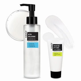 coxir ULTRA HYALURONIC CLEANSING OIL 5.07 fl.oz   GREENTEA PH CLEAR FOAM CLEANSER 1.01 fl.oz l for Double cleansing, Hyaluronic Acid, Hydrating, Smoothing, Calming, Moisturizing, Korean Skin Care