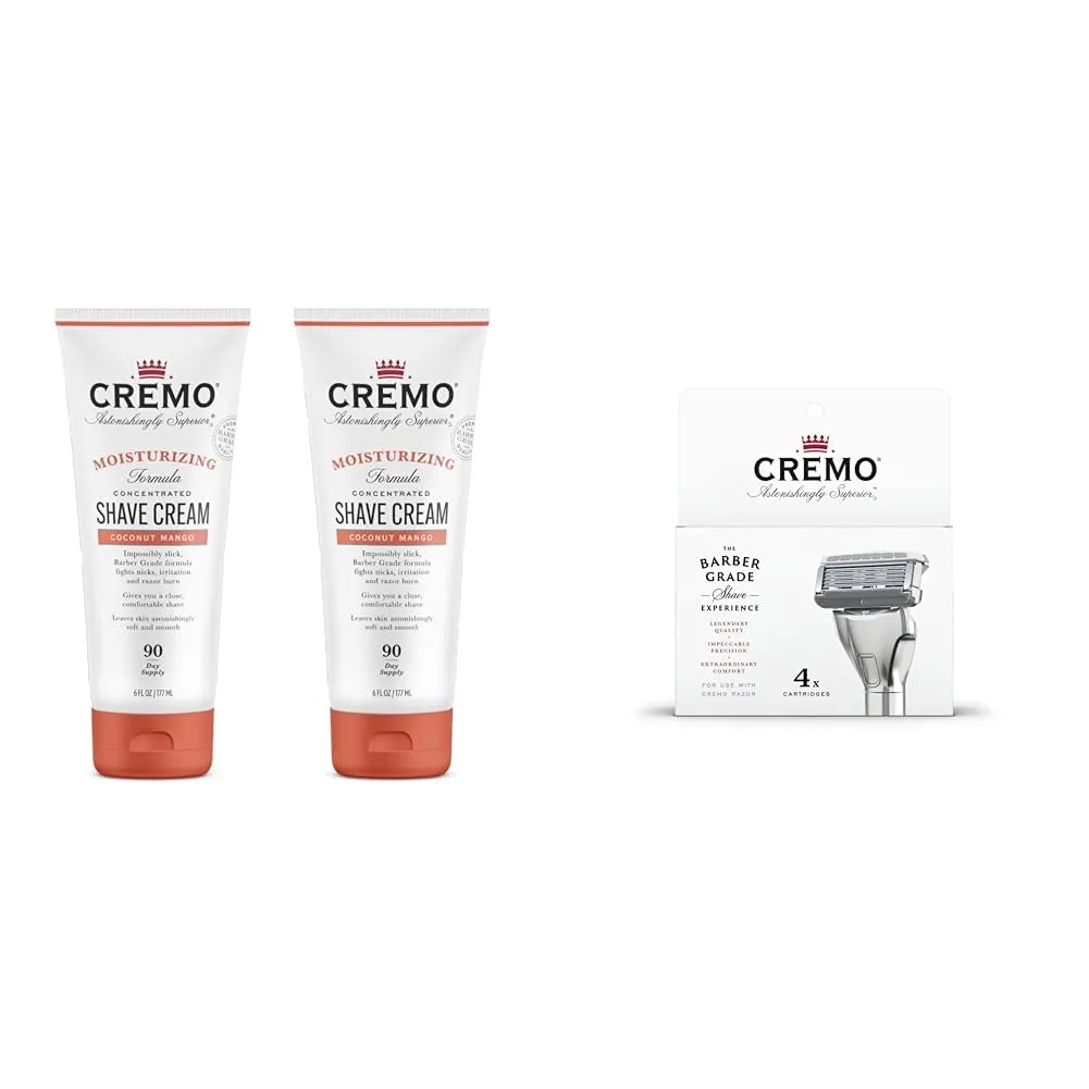 Cremo Coconut Mango Moisturizing Shave Cream, Astonishingly Superior Ultra-Slick Shaving Cream & Astonishingly Superior Razor Refills, (4 Pack)