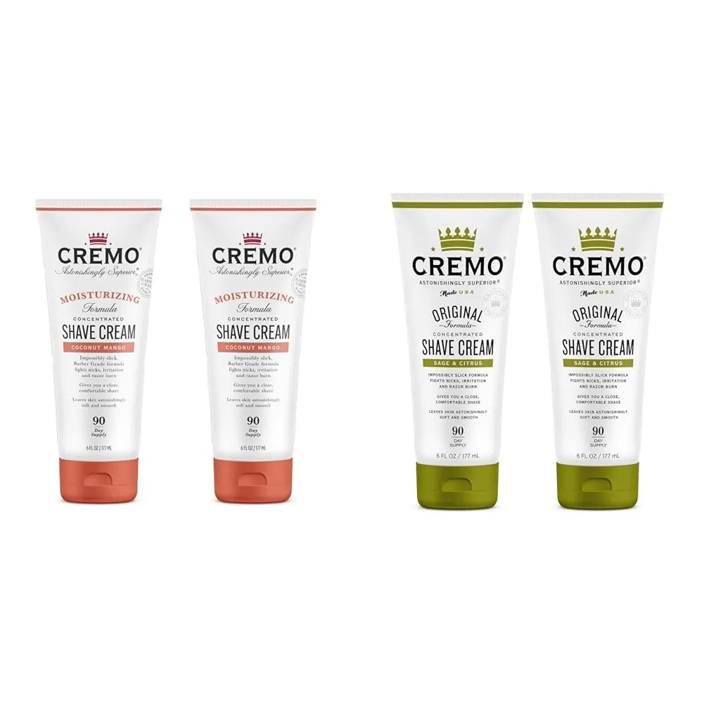 Cremo Coconut Mango Moisturizing Shave Cream, Astonishingly Superior Ultra-Slick Shaving Cream & Barber Grade Sage & Citrus Shave Cream, Astonishingly Superior Ultra-Slick Shaving Cream