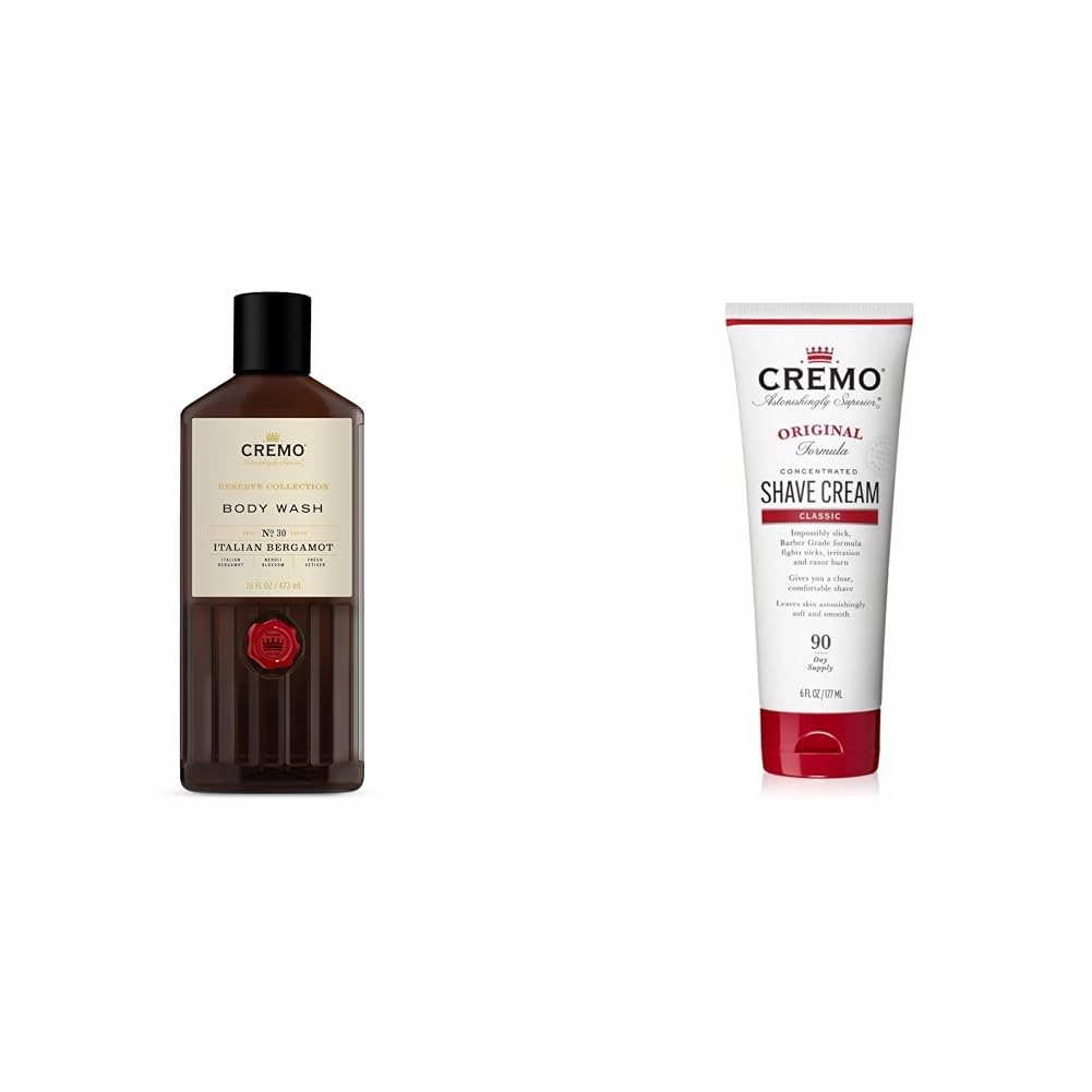 Cremo Italian Bergamot Body Wash and Original Shave Cream Bundle, 16 Fl Oz Body Wash with Notes of Italian Bergamot, Neroli Blossom, and Vetiver and 6 Fl Oz Ultra-Slick Shaving Cream