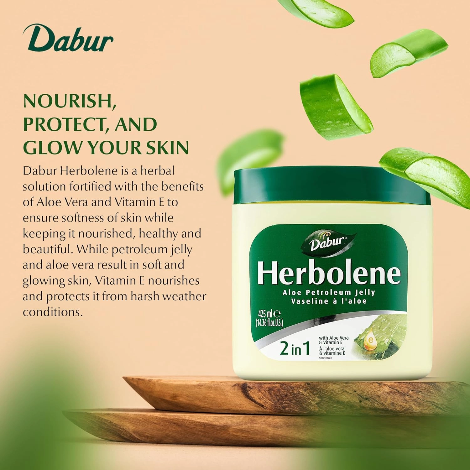 Dabur Herbolene Aloe Vera Gel Petroleum Jelly -Enhanced with Vitamin E for Deep & Intensive Skin Moisturization - Gentle on Sensitive Skin - Nourishing Bliss and Lasting Hydration - 425 ML (Pack of 2)