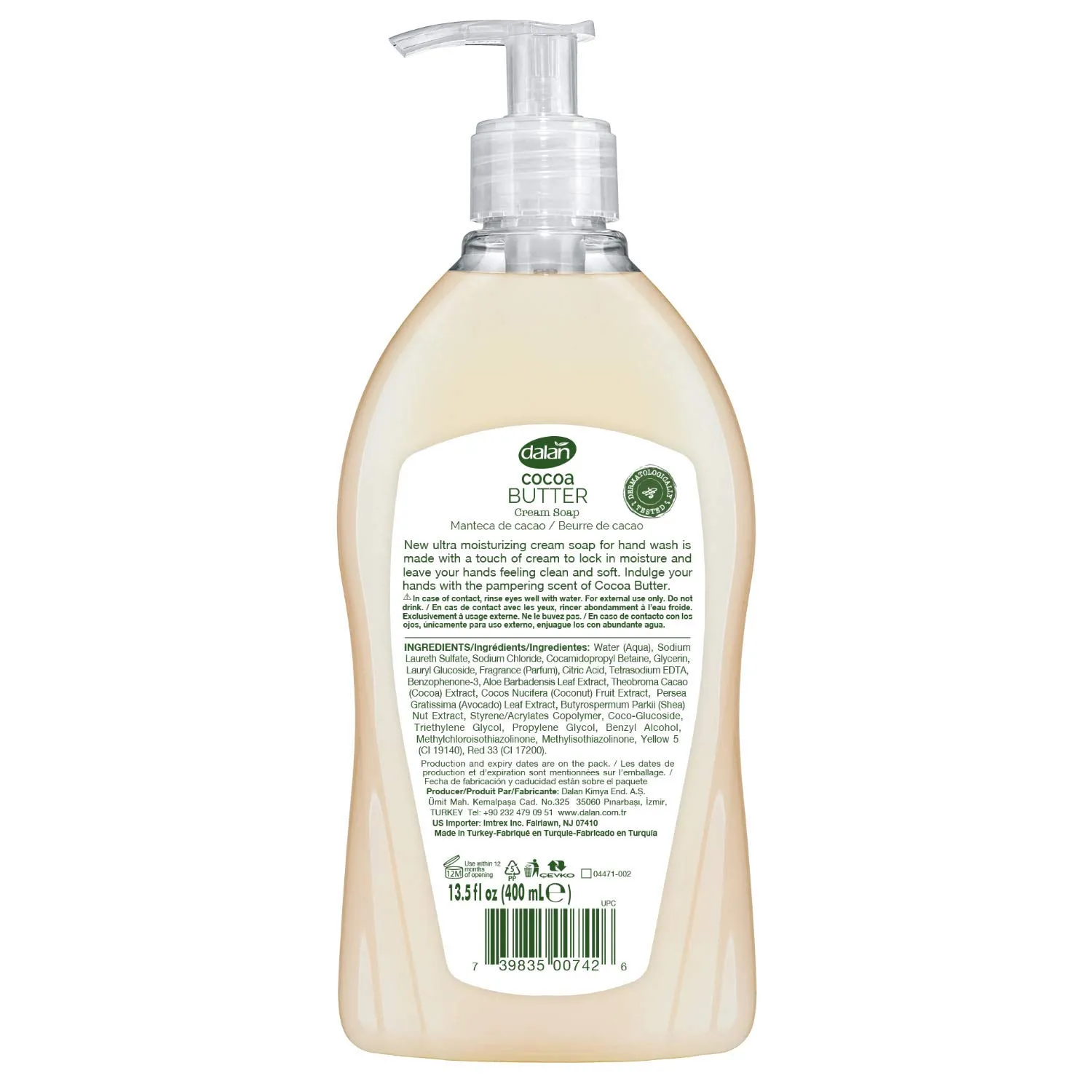 Dalan Cocoa Butter Cream Ultra Moisturizing Liquid Hand Soap for Dry and Fresh Hands Feeling Clean and Soft ((13.5 Fl Oz / 400 mL (Pack of 3))