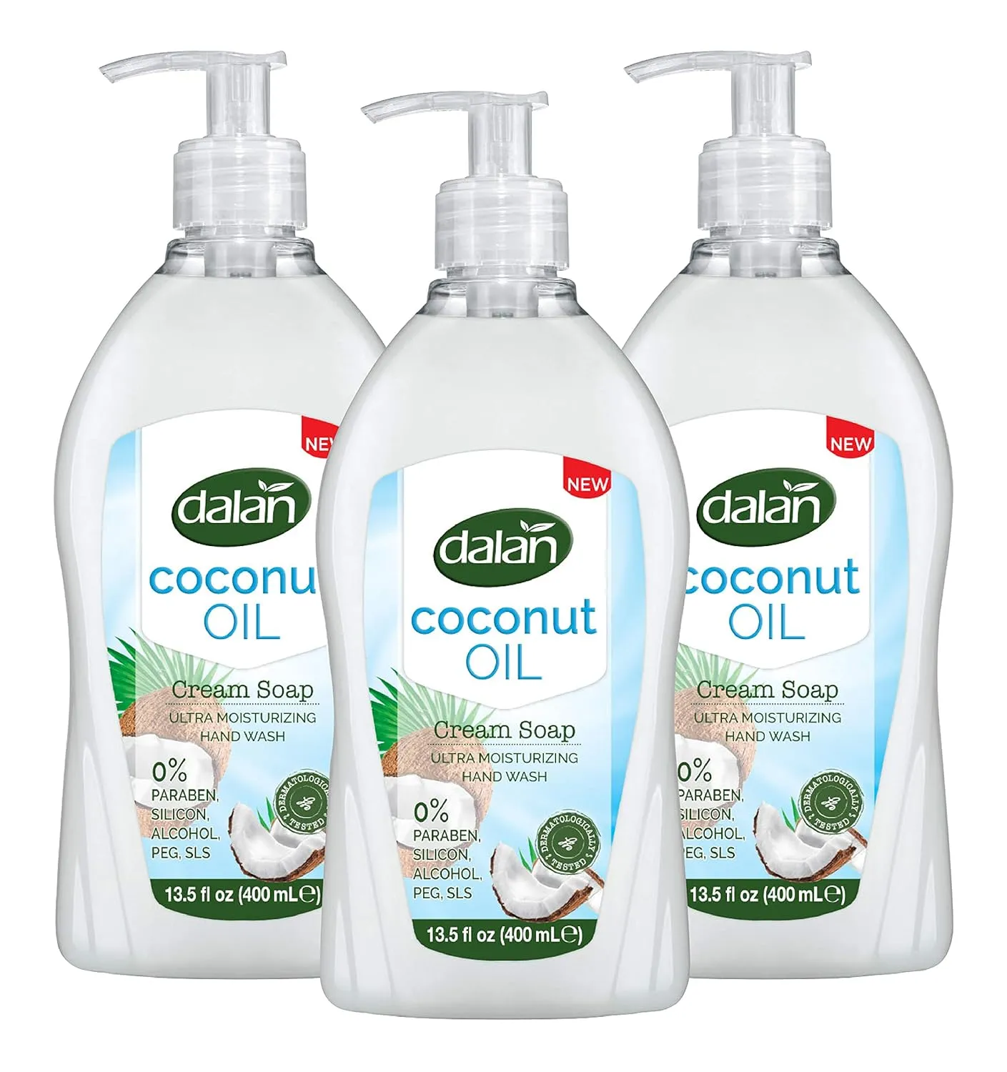 Dalan Coconut Oil Cream Ultra Moisturizing Liquid Hand Soap for Normal and Dry Hands Fresh Clean and Soft Feeling (13.5 Fl Oz / 400 mL (Pack of 3))