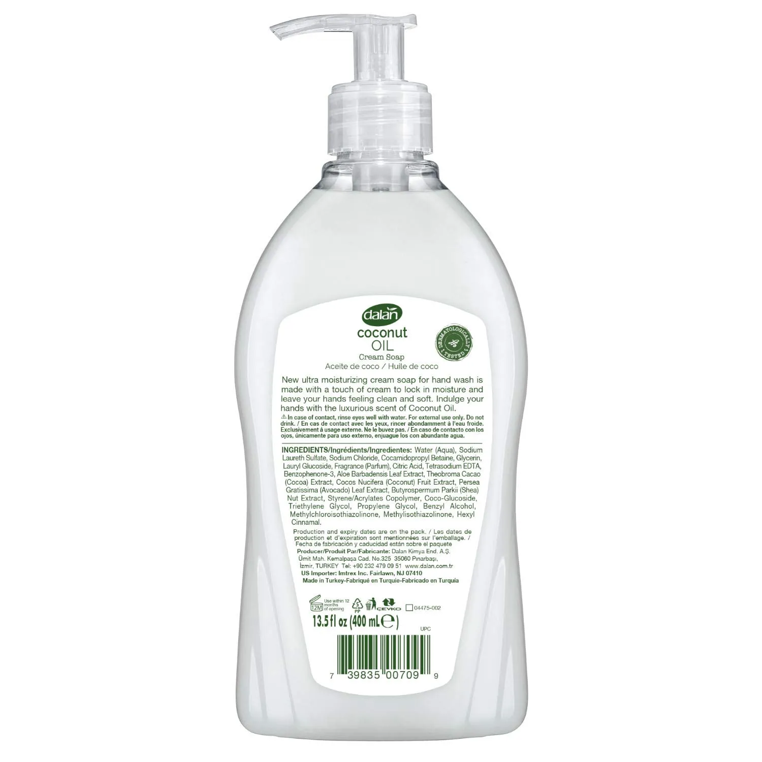Dalan Coconut Oil Cream Ultra Moisturizing Liquid Hand Soap for Normal and Dry Hands Fresh Clean and Soft Feeling (13.5 Fl Oz / 400 mL (Pack of 3))