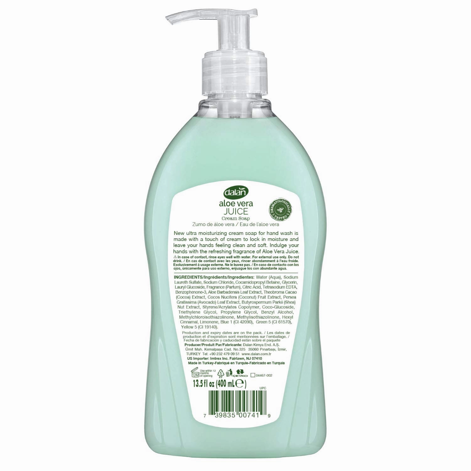 Dalan Aloe Vera Juice Cream Ultra Moisturizing Liquid Hand Soap for Dry and Fresh Hands Feeling Clean and Soft (13.5 Fl Oz / 400 mL (Pack of 12))