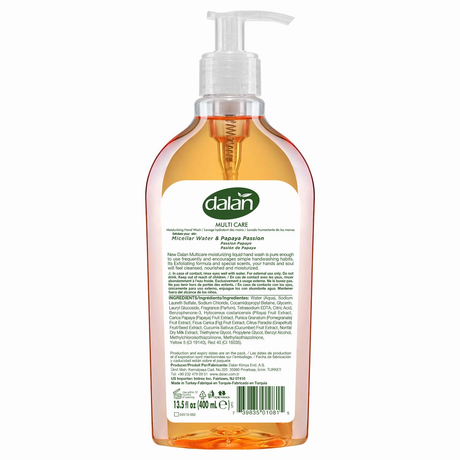 Dalan Papaya Passion Multicare Ultra Moisturizing Liquid Hand Soap for Normal and Dry Hands Fresh Clean and Soft Feeling (13.5 Fl Oz / 400 mL (Pack of 3))
