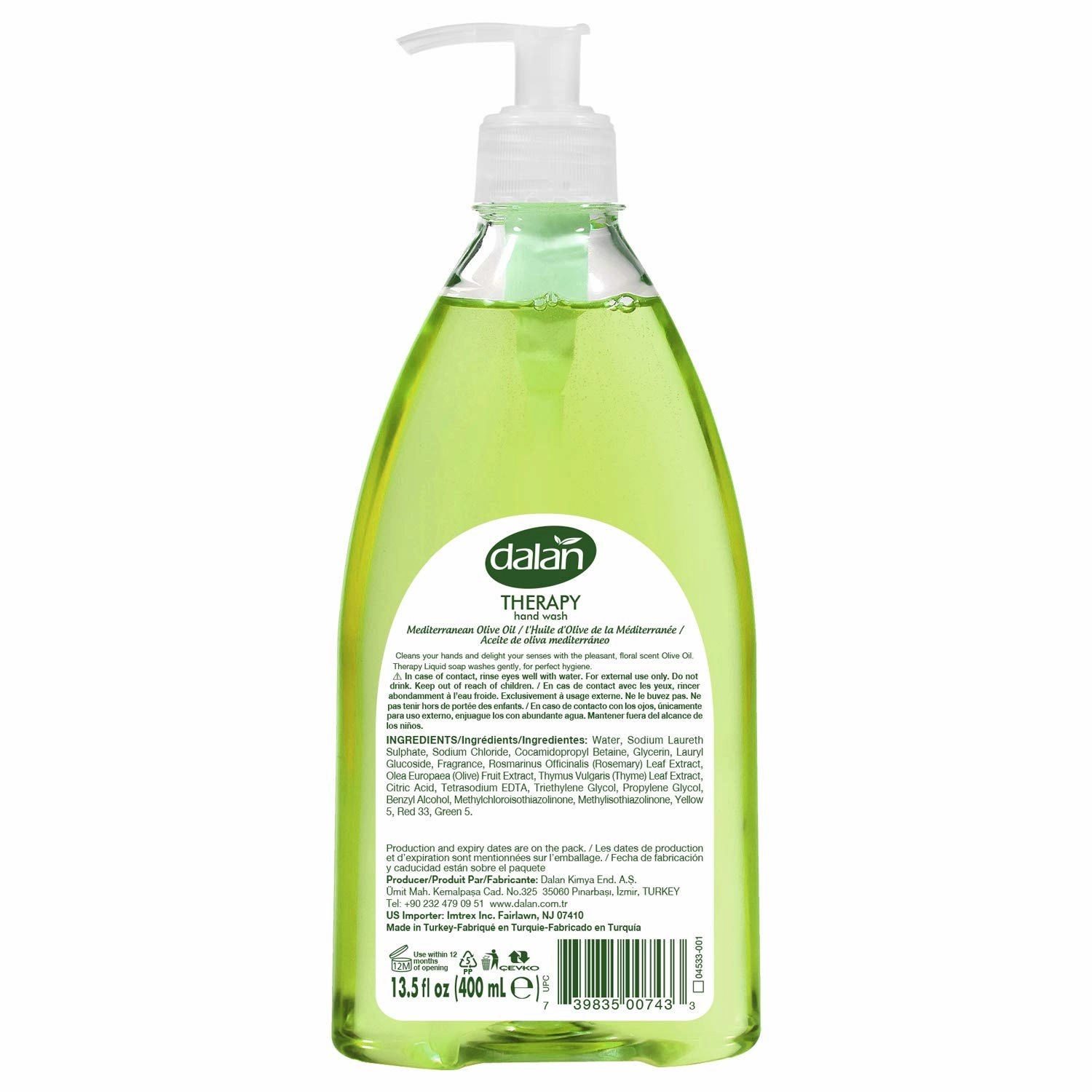Dalan Therapy Mediterranean Olive Oil Ultra Moisturizing Liquid Hand Soap for Normal and Dry Hands Fresh Clean and Soft Feeling (13.5 Fl Oz / 400 mL (Pack of 4))