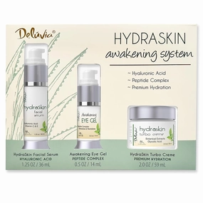 Deluvia HydraSkin Awakening System,Skin Care Set, Eye Gel, Facial Serum, Night Cream with Botanical Hyaluronic Acid, AHA, Vitamin C Serum, Organic Aloe Vera, Vitamin E and Essential Oils.