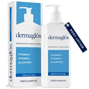 Dermaglos Moisturizing Body Lotion for Dry Skin with Extra Vitamin A, Vitamin E & Allantoin | Hydrating Emulsion & Regenerating formula for Stretch Marks, Tattoos, Scars & Wrinkles | 13.52 Fl Oz