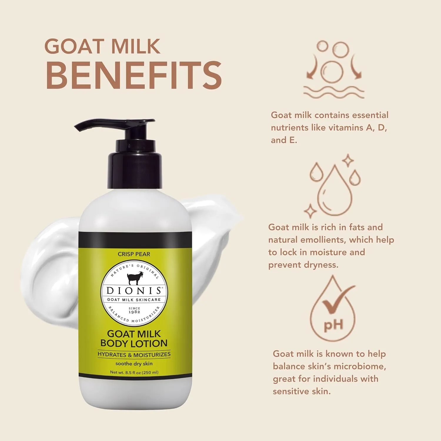 Dionis Goat Milk Skincare Body Lotion - Scented Full Size Bottle with Pump - Vitamins & Minerals Moisturize & Hydrate Dry Skin - Rich, Creamy Cruelty Free, Paraben Free Formula, 8.5 oz, Crisp Pear