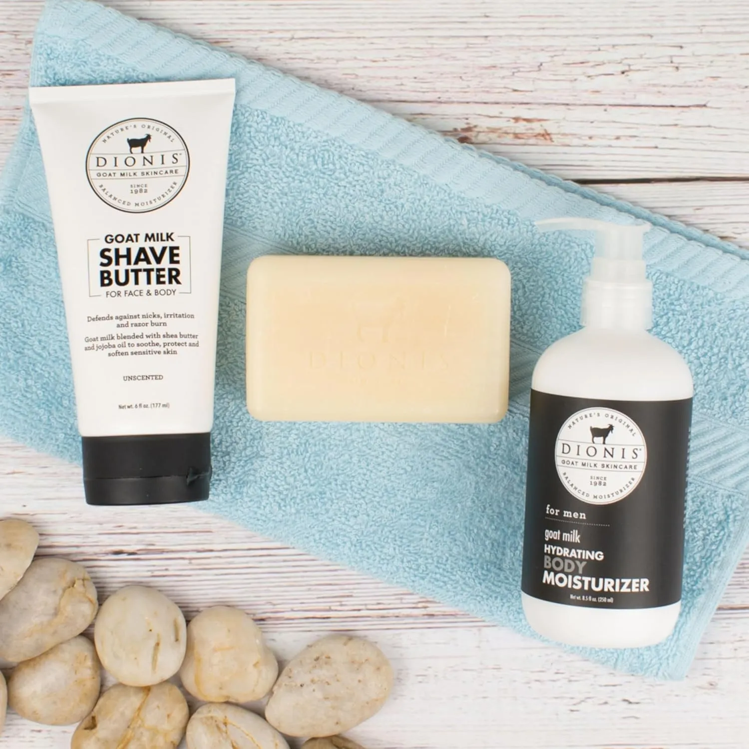 Dionis Goat Milk Skincare Men's Unscented Bath & Body 3pc Gift Set - Blended Shea Butter & Jojoba Oil Shave Butter For Sensitive Skin, Unscented Hydrating Moisturizer & Nourishing Bar Soap For Men