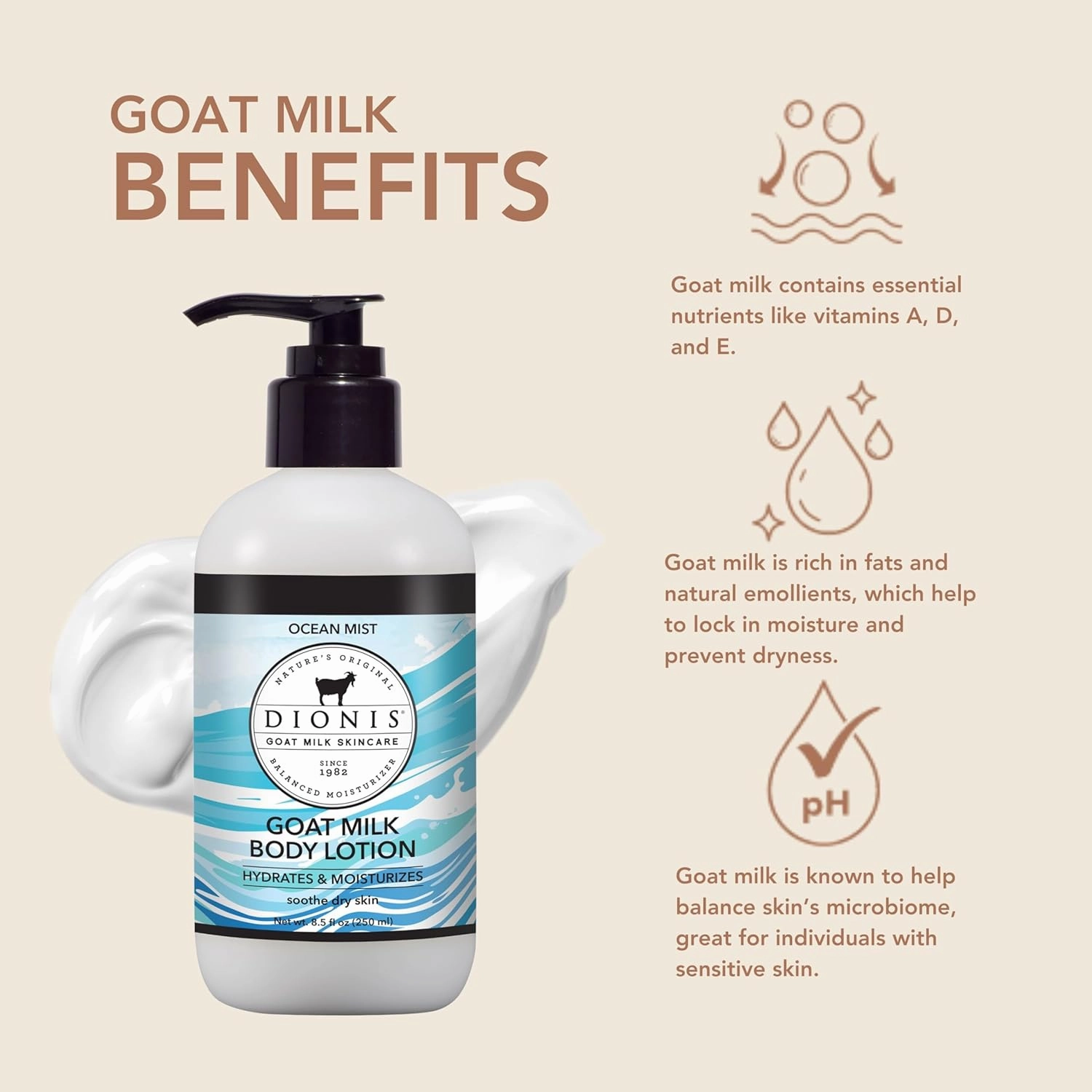 Dionis Goat Milk Skincare Body Lotion - Scented Full Size Bottle with Pump - Vitamins & Minerals Moisturize & Hydrate Dry Skin - Rich, Creamy Cruelty Free, Paraben Free Formula, 8.5 oz, Ocean Mist