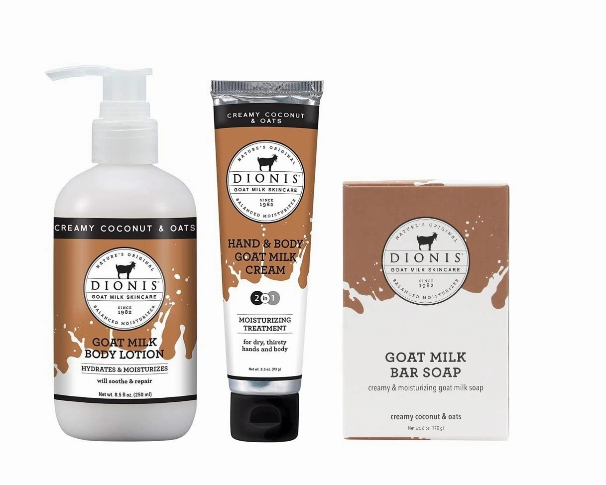 Dionis Goat Milk Skincare Creamy Coconut & Oats Scented Lotion 8.5oz, Hand & Body Cream 3.3oz and Bar Soap 6oz Bundle