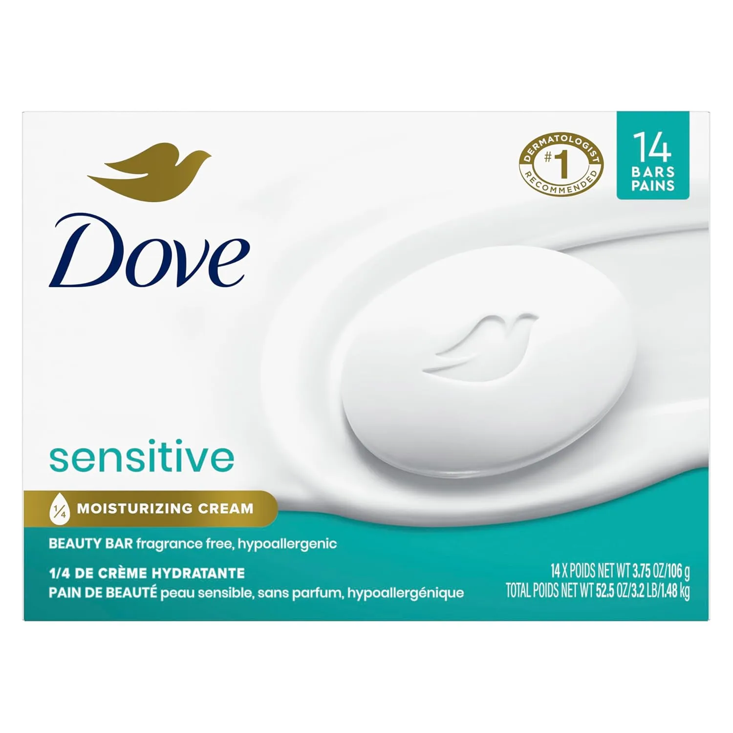Dove Beauty Bar More Moisturizing Than Bar Soap for Softer Skin, Fragrance-Free, Hypoallergenic Beauty Bar Sensitive Skin With Gentle Cleanser 3.75 oz 14 Bars