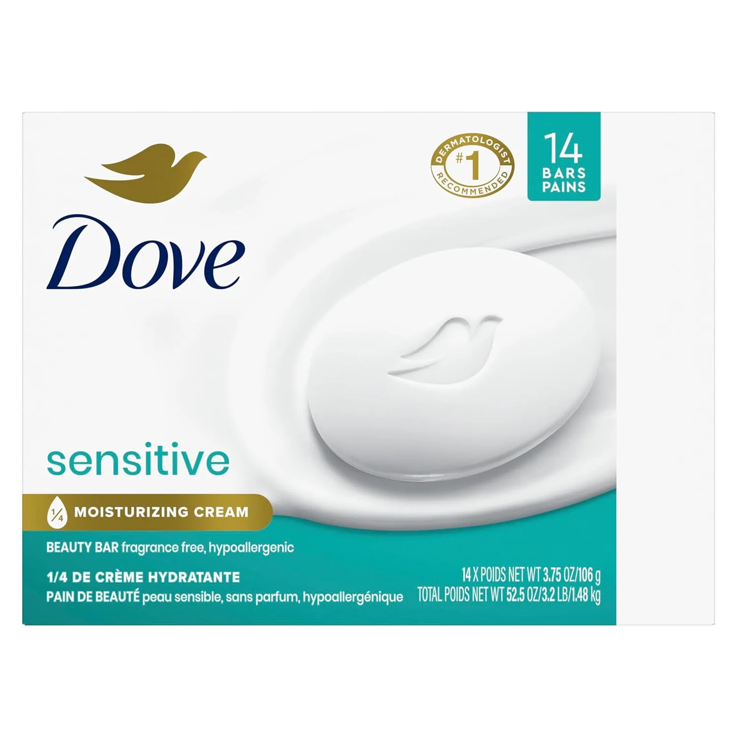 Dove Beauty Bar More Moisturizing Than Bar Soap for Softer Skin, Fragrance-Free, Hypoallergenic Beauty Bar Sensitive Skin With Gentle Cleanser 3.75 oz 14 Bars