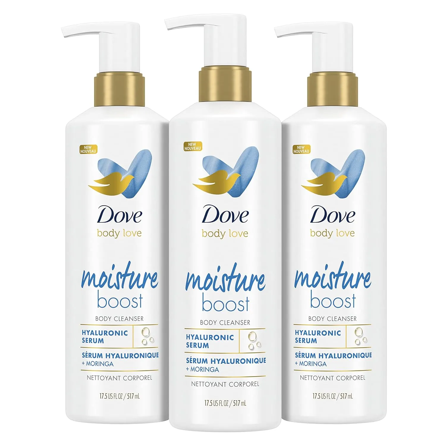 Dove Body Love Body Cleanser Moisture Boost 3 Count For Dry Skin Body Wash with Hyaluronic Acid and Moringa Oil 17.5 fl oz