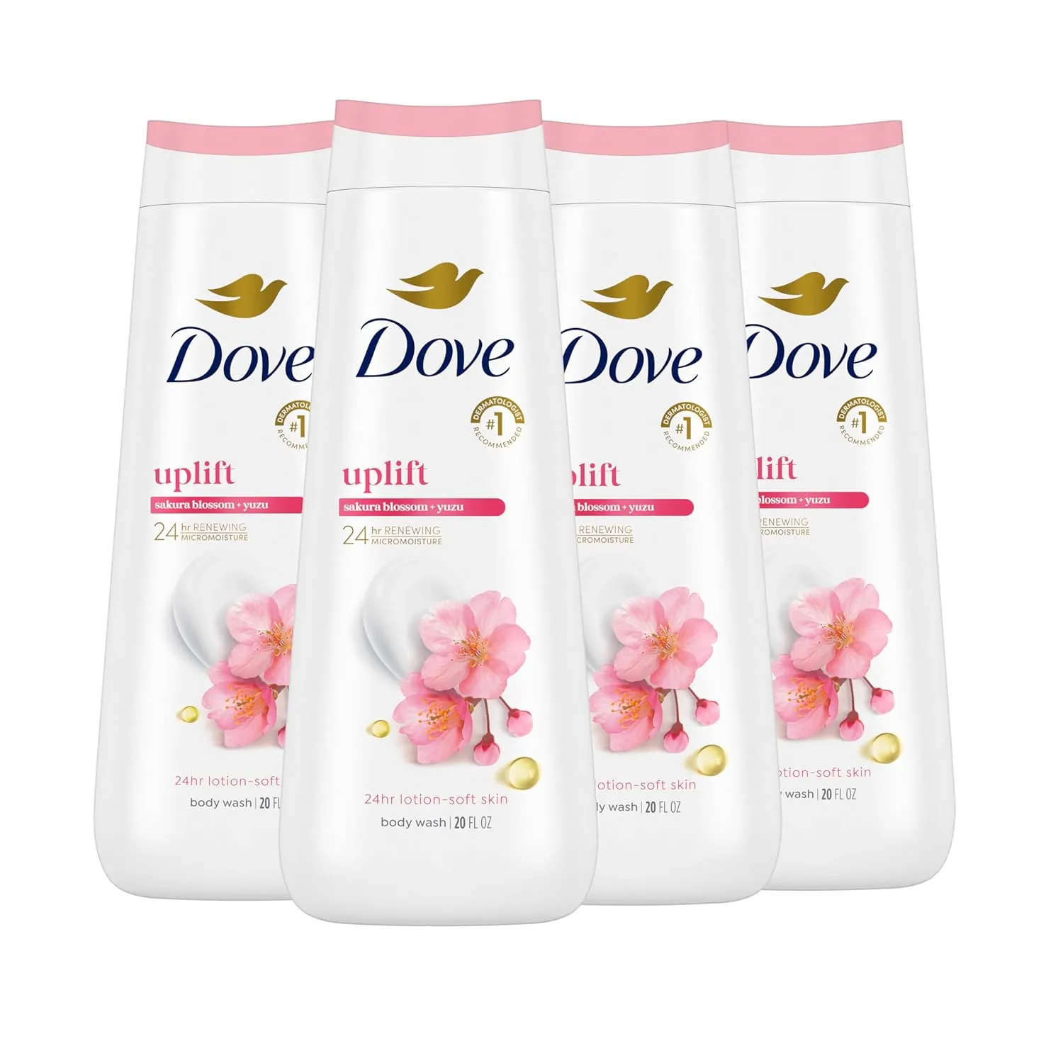Dove Body Wash 4 Count for 24hr Lotion-Soft Skin Uplift Sakura Blossom and Yuzu Moisturizing Skin Cleanser with No Sulfates No Parabens