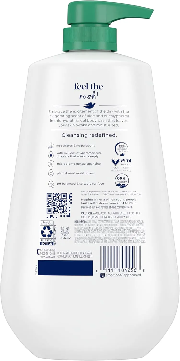 Dove Body Wash with Pump 3 Count Invigorate Aloe & Eucalyptus For 24hr Lotion-Soft Skin Moisturizing Skin Cleanser with No Sulfates No Parabens