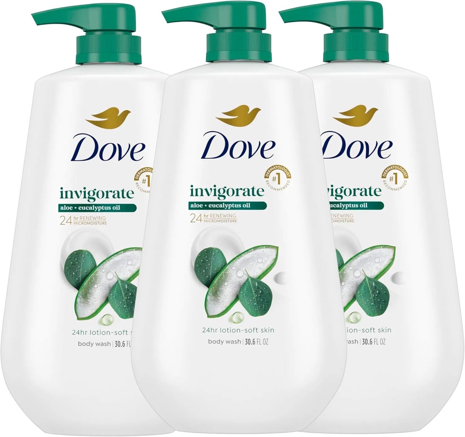 Dove Body Wash with Pump 3 Count Invigorate Aloe & Eucalyptus For 24hr Lotion-Soft Skin Moisturizing Skin Cleanser with No Sulfates No Parabens