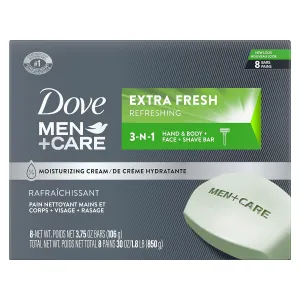 DOVE MEN   CARE 3 in 1 Bar Cleanser for Body, Face, and Shaving Extra Fresh Body and Facial Cleanser More Moisturizing Than Bar Soap to Clean and Hydrate Skin 3.75 Ounce (Pack of 8)