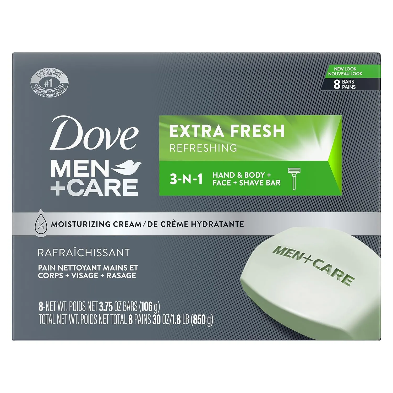 DOVE MEN   CARE 3 in 1 Bar Cleanser for Body, Face, and Shaving Extra Fresh Body and Facial Cleanser More Moisturizing Than Bar Soap to Clean and Hydrate Skin 3.75 Ounce (Pack of 8)