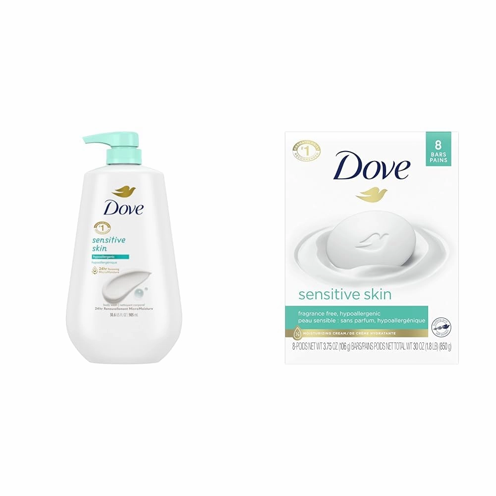 Dove Body Wash with Pump Sensitive Skin Hypoallergenic, Paraben-Free, Sulfate-Free & Beauty Bar More Moisturizing Than Bar Soap for Softer Skin, Fragrance Free, Hypoallergenic
