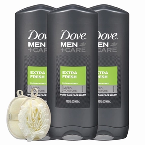 Dove Extra Fresh body wash Mens   Care 13.5 OZ (3-Pack) Face and Hair Bdoy Wash,Bundle Premium Body Sponge - Moisturizing, Refreshing