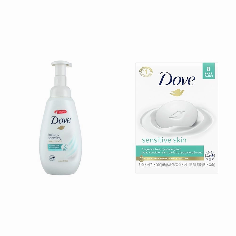 Dove Instant Foaming Body Wash for Softer and Smoother Skin Sensitive Skin Effectively Washes Away & Beauty Bar More Moisturizing Than Bar Soap for Softer Skin, Fragrance Free