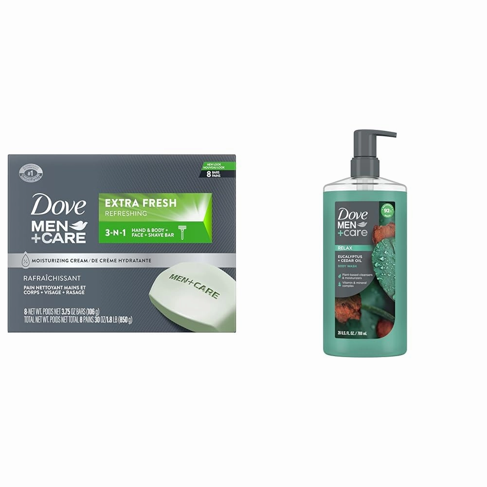 DOVE MEN   CARE 3 in 1 Bar Cleanser for Body, Face & Shaving Pack of 8   Eucalyptus   Cedar Oil Body Wash 26 oz