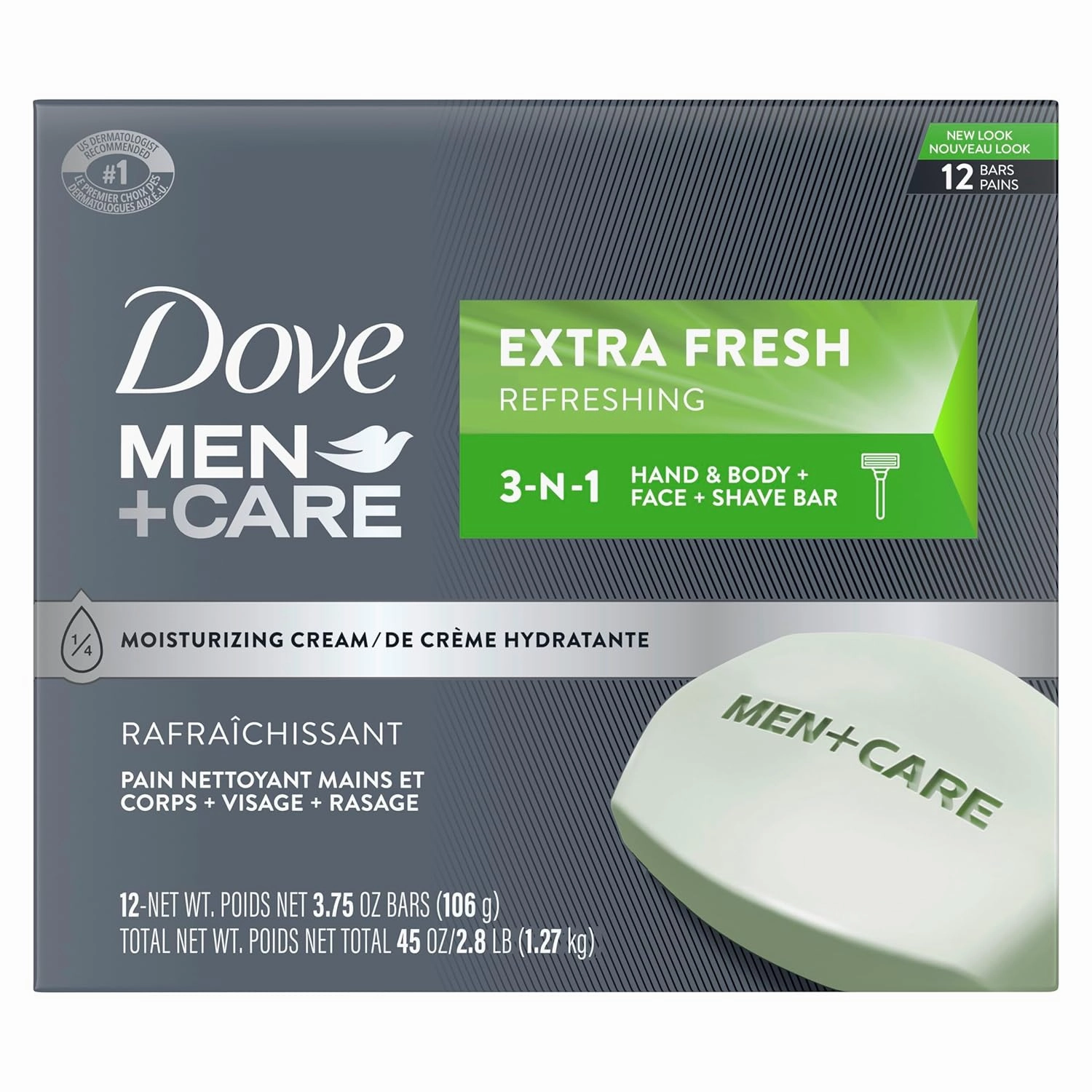 Dove Men Care Hand & Body, Face & Shave Bar Soap for refreshed skin Extra Fresh soap bar with ¼ moisturizing cream 106 g Pack of 12