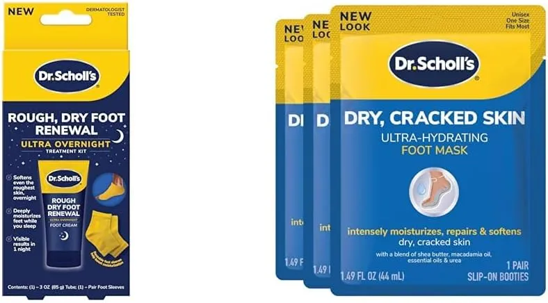 Dr. Scholl's Rough, Dry Foot Renewal Ultra Overnight Treatment with 3oz Foot Cream, Heel Sleeve Socks & 3 Pack Ultra Hydrating Foot Mask