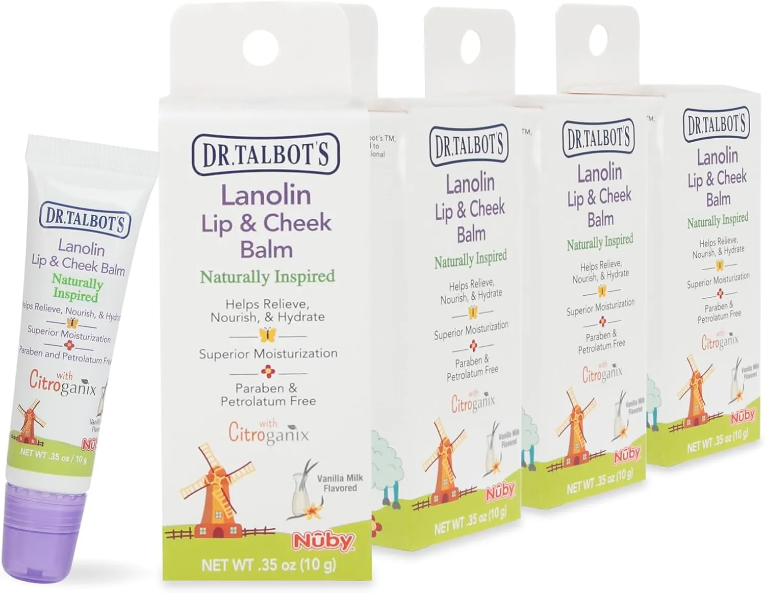 Dr. Talbot's Lanolin Lip & Cheek Balm for Baby, Naturally Inspired with Citroganix, Vanilla Milk Flavor, 4 Pack