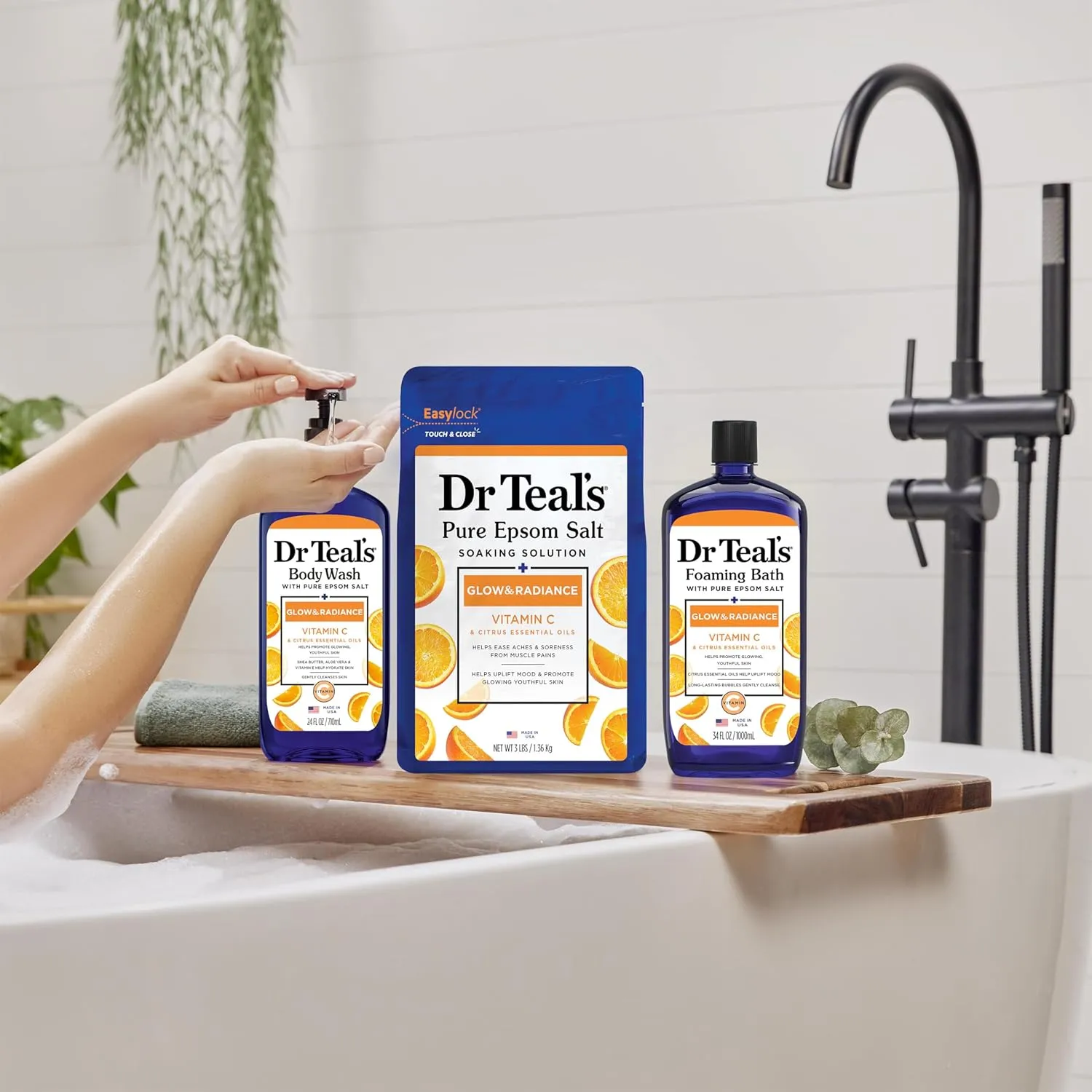 Dr Teal's Body Wash with Pure Epsom Salt, Glow & Radiance with Vitamin C & Citrus Essential Oils, 24oz (Pack of 2)