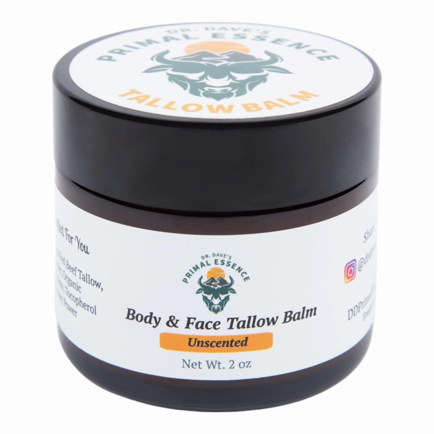Dr. Dave's Primal Essence Beef Tallow Balm for Face and Body with Shea Butter, Organic Jojoba Oil, Honey, Beeswax - Beef Tallow Moisturizer - Unscented - 2 oz