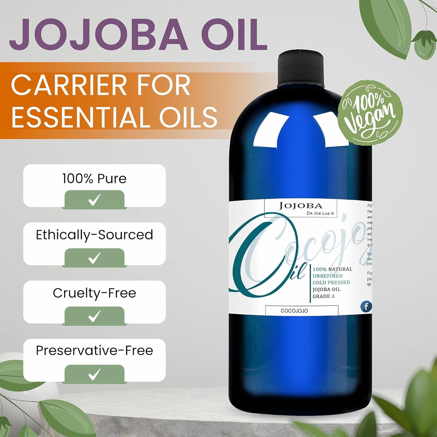 Dr Joe Lab Jojoba Oil 16 oz Pure Natural Cold Pressed Unrefined Extra Virgin - for Hair Skin Body Nail and Beard - Moisturizes, Soothes, Hydrates, & Nourishes