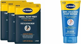 Dr. Scholl's Tired Achy Feet Soothing Reviving Foot Mask 3 Pair & Dry Cracked Foot Repair Ultra-Hydrating Foot Cream 3.5 oz