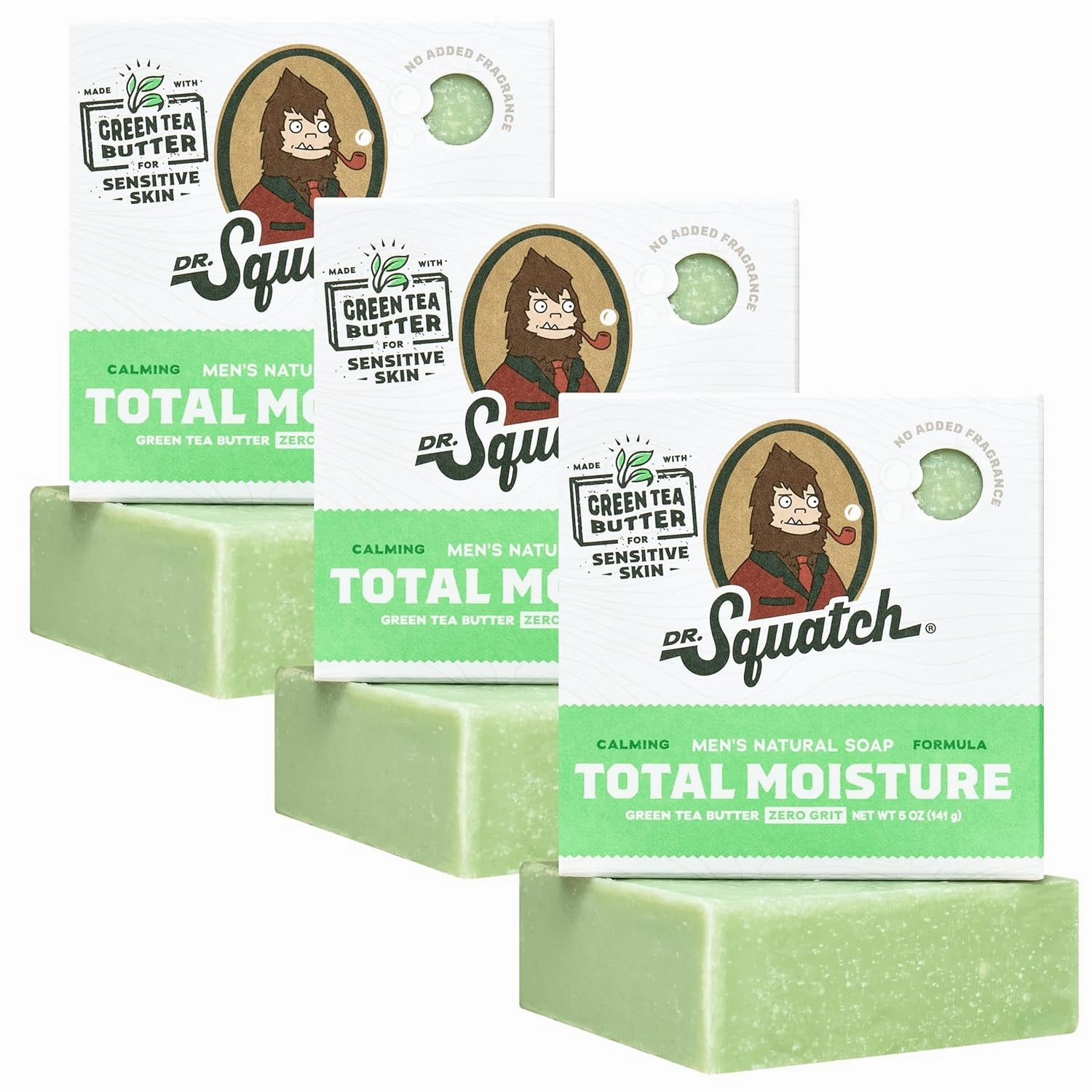 Dr. Squatch NEW Total Moisture Bar Soap for Men - No Added Fragrance Formulated for Sensitive Skin - Green Tea Butter (5 oz, 3-pack)