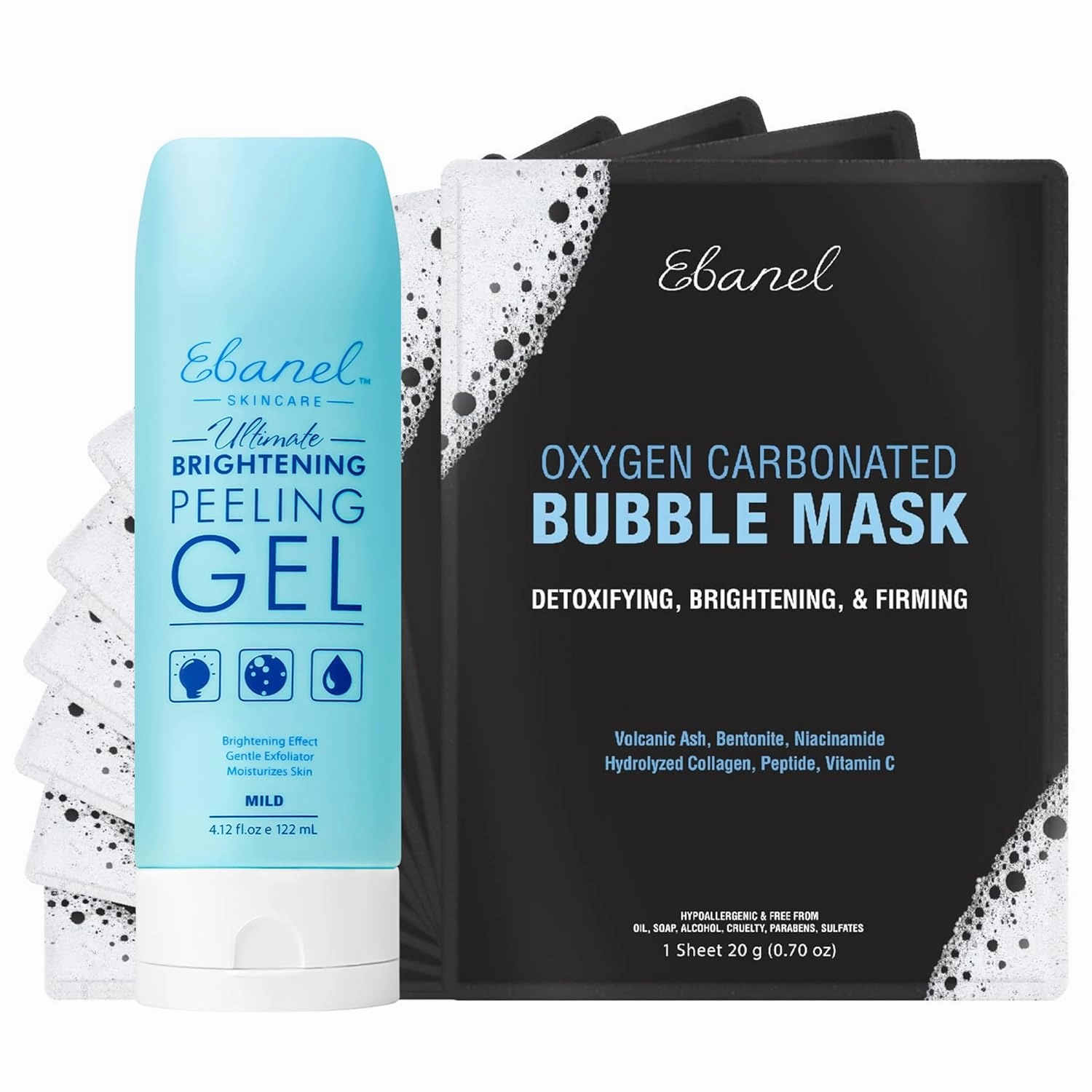 Ebanel Bundle of 10 Pack Bubble Clay Masks, and Exfoliating Face Scrub Peeling Gel Mild 4.12 Oz