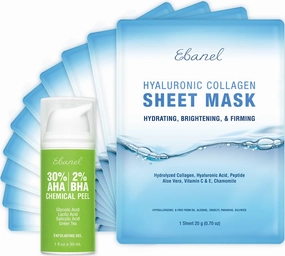 Ebanel Bundle of 30% AHA 2% BHA Chemical Peel and 10 Pack Collagen Face Mask