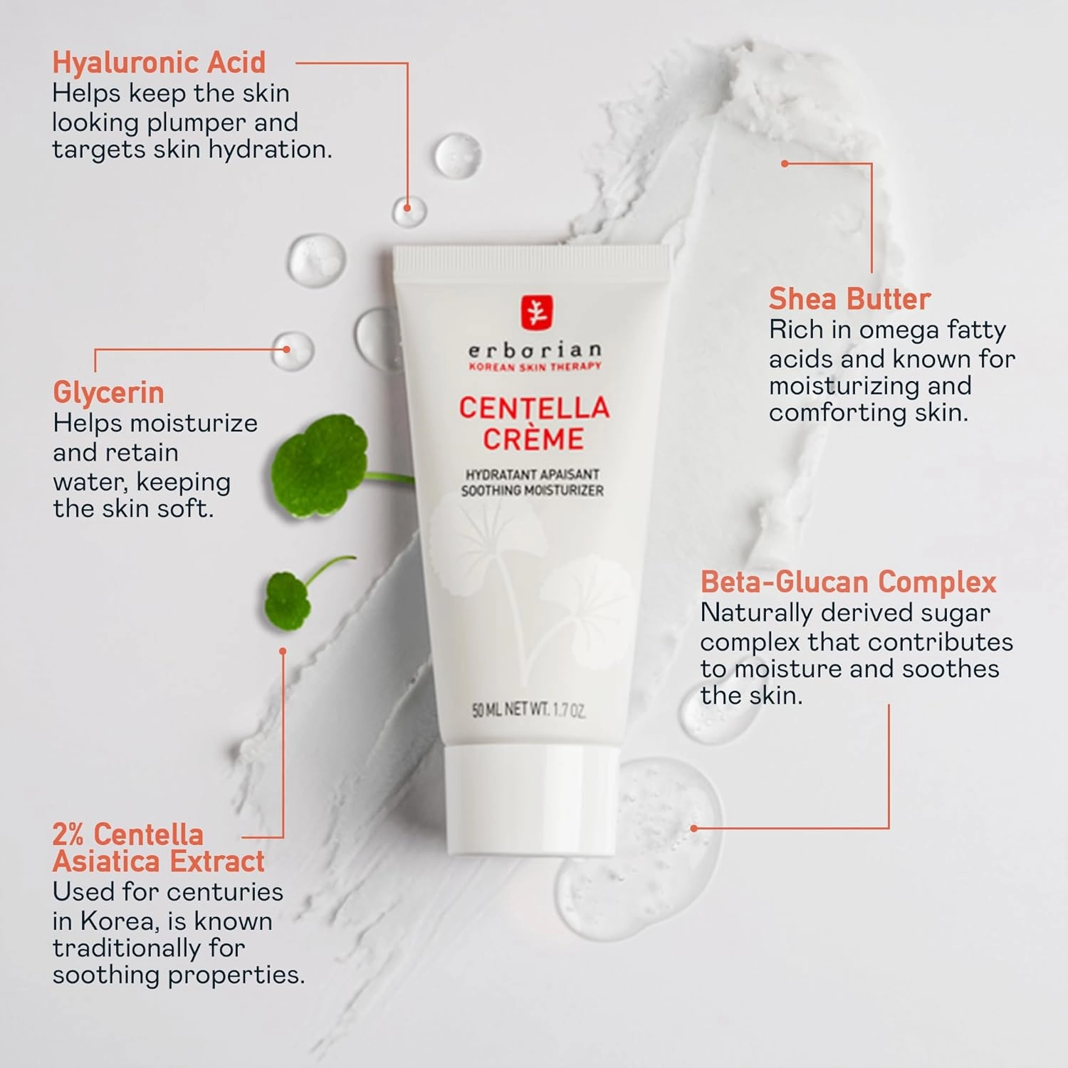 Erborian Face Moisturizer Cream Centella Cream - Ultra Light-Weight Facial Moisturizing Cream with Shea Butter, Hyaluronic Acid, Glycerin & Beta Glucan - Soothes & Hydrates Skin - All Skin Types, 50ml