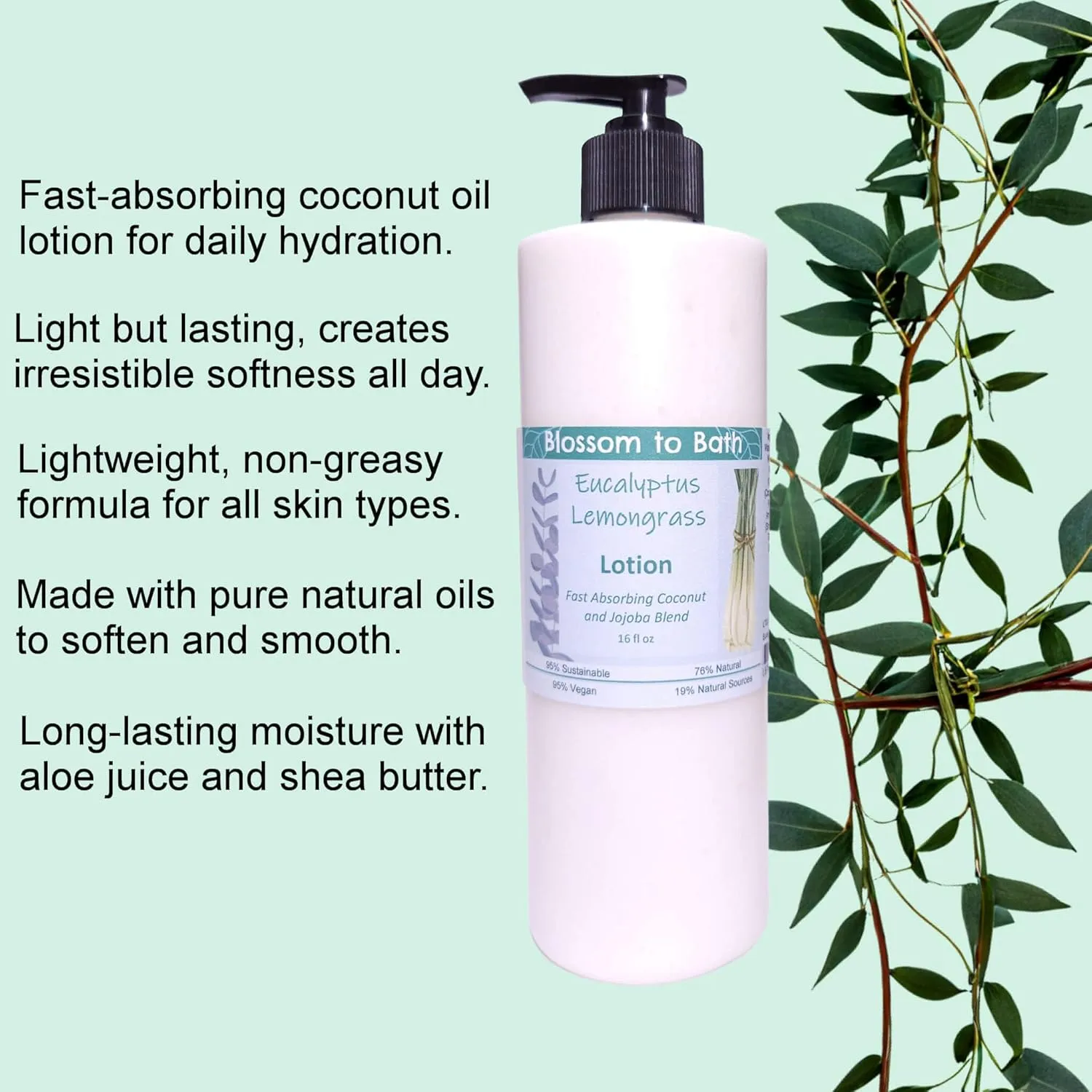 Eucalyptus Lemongrass Lotion (16 ounce) - Pure Essential Oil Fragrance - Absorbs Quickly with a Herbally Clean Natural Scent