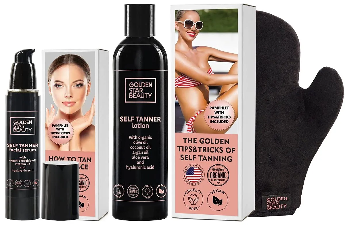 Face Tanner Serum and Self Tanning Lotion with a Mitt - Self Tanners Best Sellers with Organic Oils for Natural Sunkissed Glow