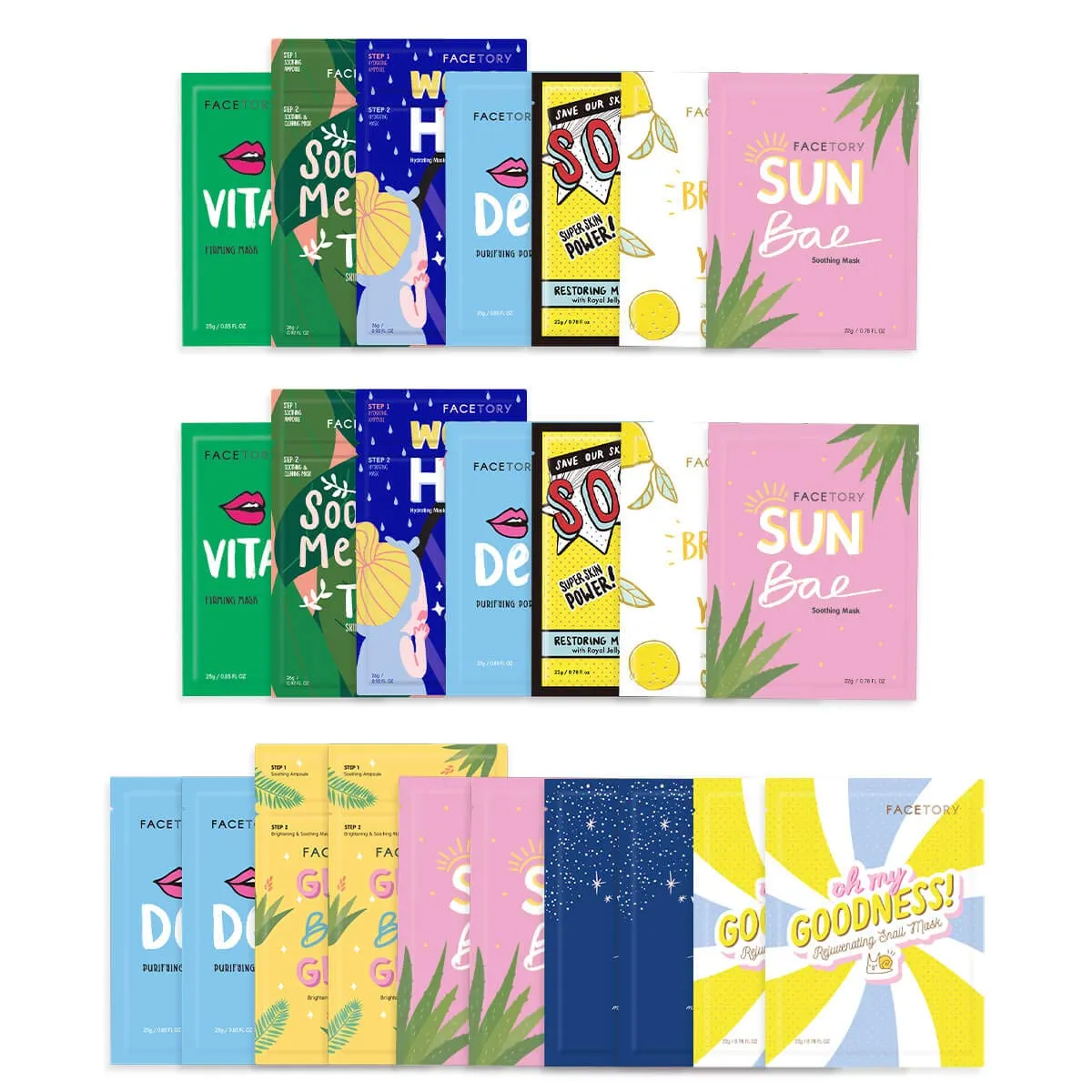 FACETORY Best of Seven Sheet Mask Collection with Facial Sheet Mask Set for Hydrating, Moisturizing, Soothing