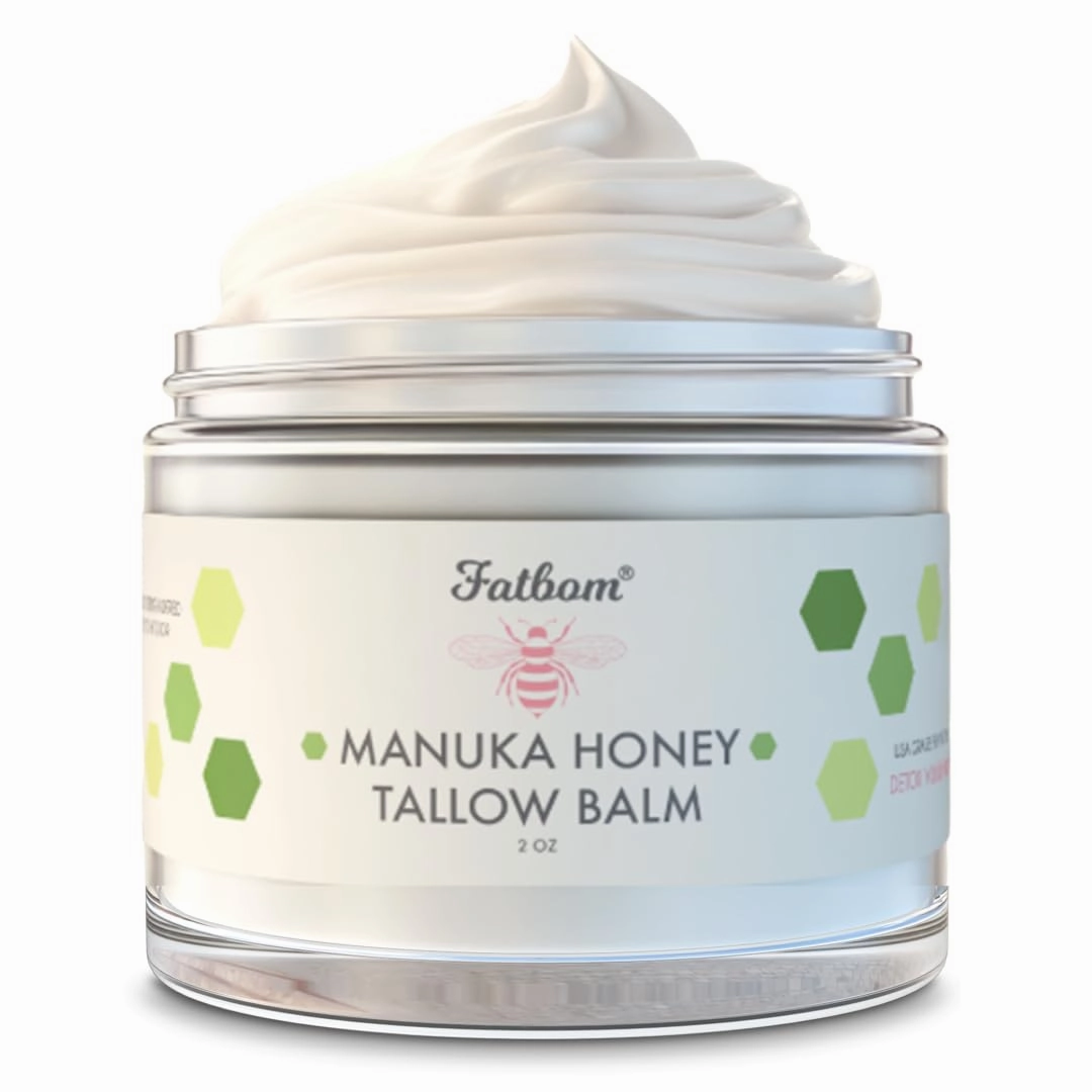 FATBOM Beef tallow For Skin, Tallow And Honey Balm - USA Cows, Natural Skin Moisturizer with Grass-Fed Beef Tallow & Manuka Honey, Soothing and Hydrating for Dry Skin, Eczema, Sensitive Skin, 2oz