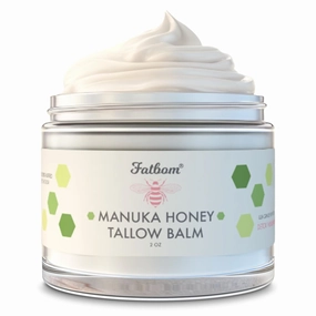 FATBOM Beef tallow For Skin, Tallow And Honey Balm - USA Cows, Natural Skin Moisturizer with Grass-Fed Beef Tallow & Manuka Honey, Soothing and Hydrating for Dry Skin, Eczema, Sensitive Skin, 2oz