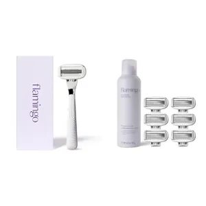 Flamingo Razors for Women Value Pack, 1 Razor Handle (Polished Chrome), 7 Razor Blade Refills, and 6.7 oz Foaming Shave Gel