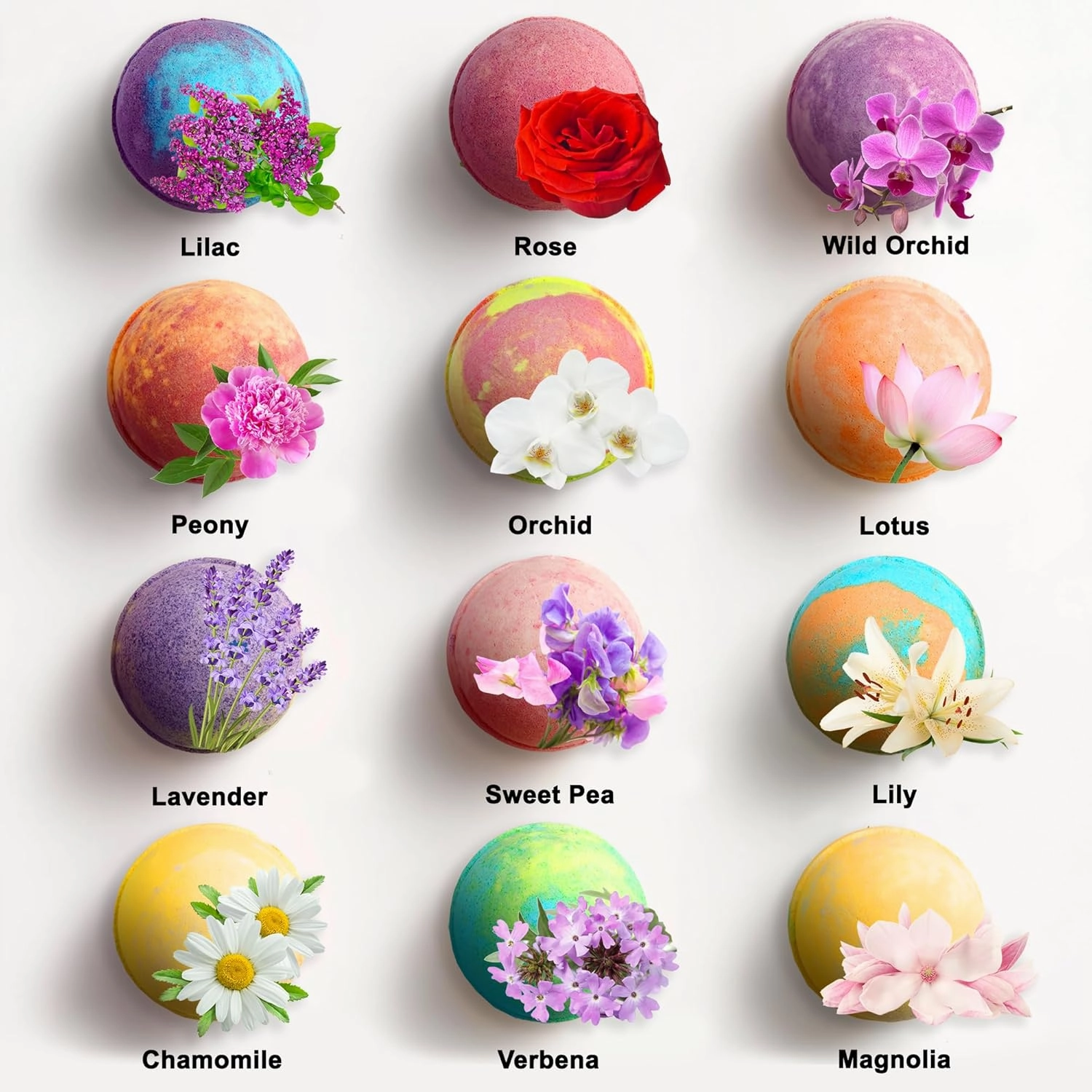 Flower Bath Bombs Gift Set - 12 Large Natural Bathbombs for Women with Scented Essential Oils and Moisturizing Shea Butter   Organic Coconut Oil for Fizzy Bubbles