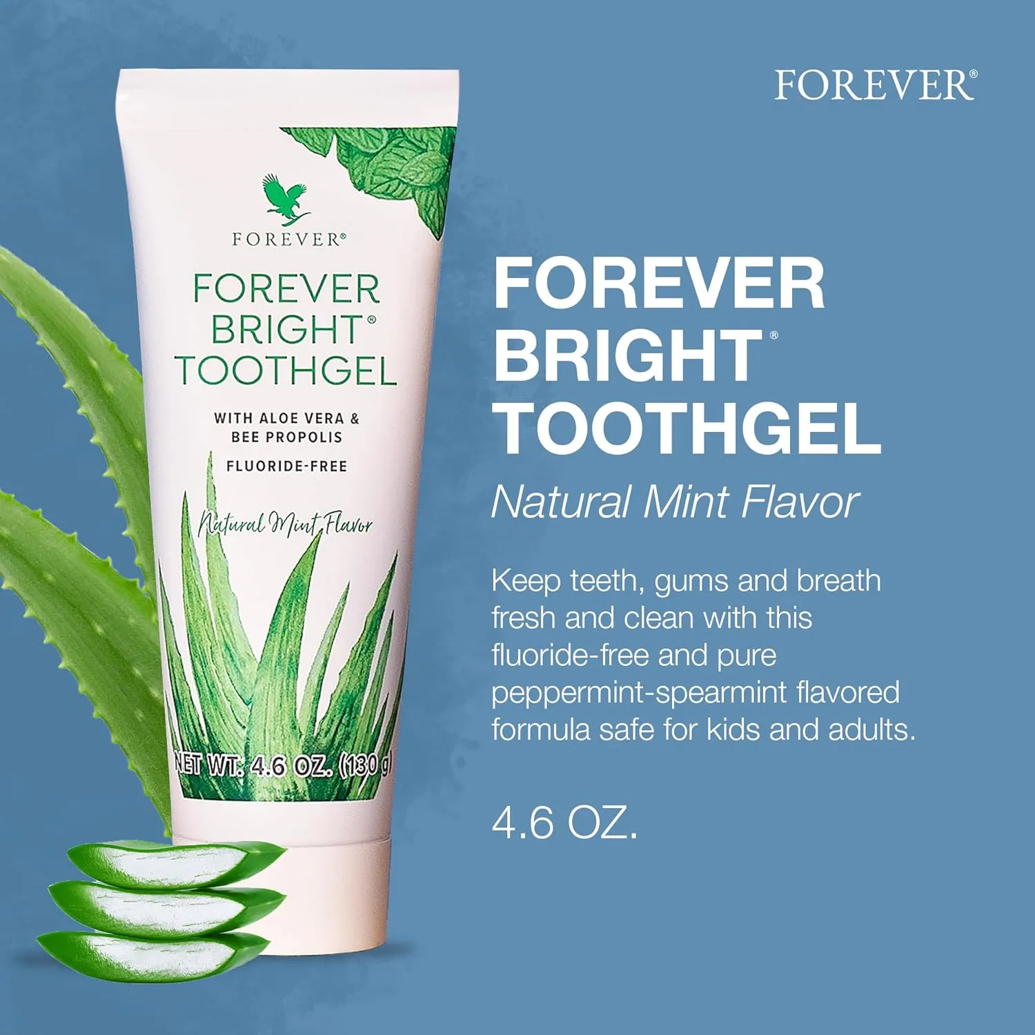 Forever Living - Bright Toothgel, Fluoride-Free Aloe Vera Gel with Bee Propolis, Peppermint-Spearmint Flavor, 4.6 oz, 2 Pack